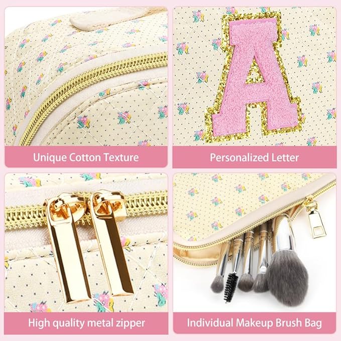 Personalized Travel Makeup Bag Set,Initial Travel Cute Floral Makeup Organizer Bag,Toiletry Skincare Cosmetic Bag,Christmas Gifts for Women/Girls,Open Flat Toiletry Pouch with Brush Pocket-M