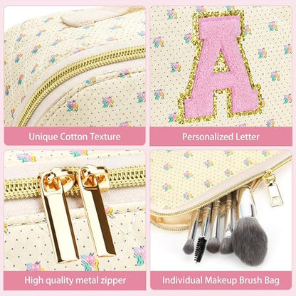 Personalized Travel Makeup Bag Set,Initial Travel Cute Floral Makeup Organizer Bag,Toiletry Skincare Cosmetic Bag,Christmas Gifts for Women/Girls,Open Flat Toiletry Pouch with Brush Pocket-M