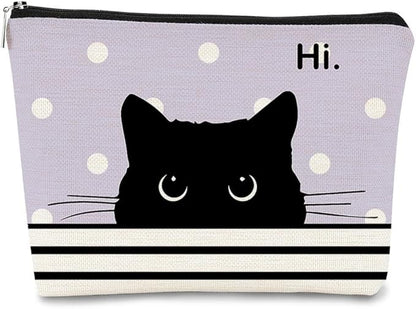 Cat Makeup Bag - Small Cute Cosmetic Bag for Women & Girls, Black & Purple Polka Dot Cat Lady Gifts