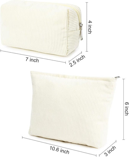 SOIDRAM 2 Pieces Corduroy Makeup Bag Large Corduroy Cosmetic Bag Capacity Canvas Mix Travel Toiletry Bag Organizer Cute Makeup Brushes Aesthetic Accessories Storage Bag for Women