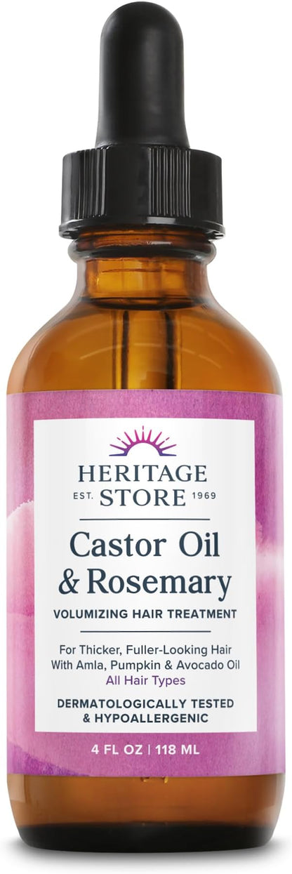 HERITAGE STORE Castor Oil & Rosemary Volumizing Hair Treatment for Fullness and Shine - with Organic Castor Oil, Rosemary, Avocado and Amla, Hypoallergenic, Vegan, Cruelty Free, 60-Day Guarantee, 4oz