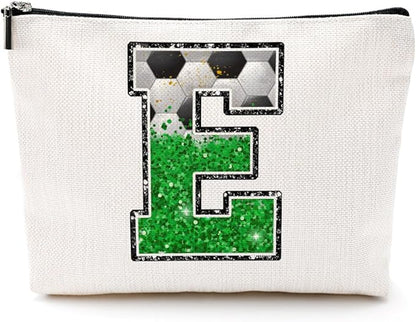 Soccer Gifts Initial Makeup Bag Monogrammed Cosmetic Bag Letter E Zipper Pouch Soccer Accessories for Girls Women Player Coach Friend Stuff Graduation Birthday Gifts