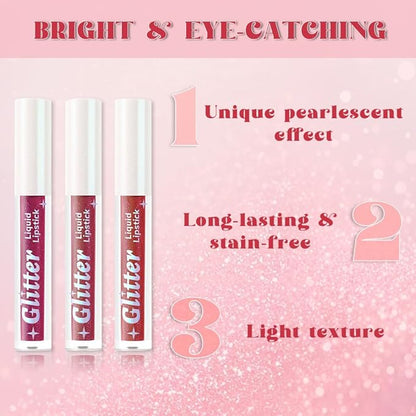 3Pcs Metallic Lipstick for Women,Lightweight Glitter Sparkling Liquid Lipsticks,Shimmer Lip Gloss Stain Long Lasting Waterproof Smudge Proof Non-Drying 24 Hour Full Coverage Lip Makeup,Vegan
