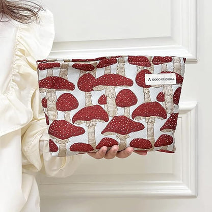 STARDW Cute Makeup Bag Aesthetic Cosmetic Bags for Women Girls, Travel Toiletry Bag Large Capacity Zipper Makeup Pouch, Purse Organizer Pouches,Canvas Lining (Red Mushroom)