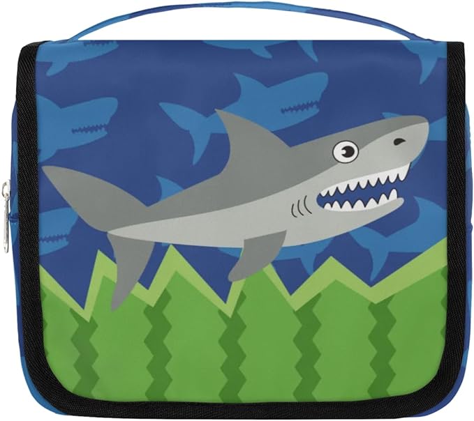 Funny Shark Hanging Travel Toiletry Kit Bag with Hook for Men and Boys, Ocean Animal Makeup Case Waterproof Cosmetic Bag Storage Bag Organizer for Accessories Toiletries