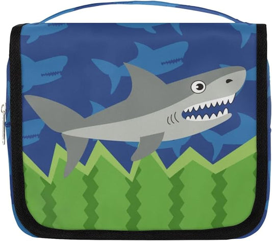 Funny Shark Hanging Travel Toiletry Kit Bag with Hook for Men and Boys, Ocean Animal Makeup Case Waterproof Cosmetic Bag Storage Bag Organizer for Accessories Toiletries