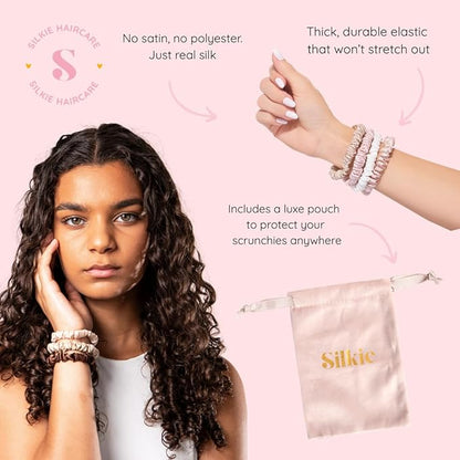 SILKIE x4 Set 100% Pure Mulberry Silk Pink Nude Neutral Skinny Scrunchies Travel Pouch Everyday Hair Ties Elastics Hair Care Ponytail Holder No Damage (Nudes)