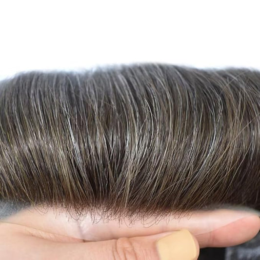FACE MIRACLE Lace Front Mens Toupee Human Hair System Swiss Lace Center Toupee for Men Thin Skin PU Around Hair Replacement System V-Looped Mens Hair Wig Units 7"X9" #430 Medium Brown with 30% Gray