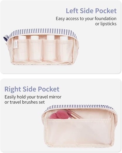 Narwey Cute Makeup Bag Small Toiletry Bag Travel Cosmetic Bag Organizer Make Up Bags with Organized Pockets for Women (Greyish Blue Stripe, Large)