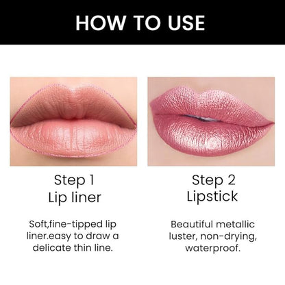 BINGBRUSH 3Pcs Double Ended Light Pink Rose Nude Brown Metallic Lip Liner and Lipstick Makeup Combo Set for Women, Lipliner 24 Hours Original Waterproof Long Lasting Lip Stains Pencil Kit Set