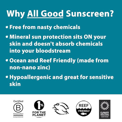 All Good Sunscreen - Tinted Mineral Sunscreen for Face & Body - SPF 30, Water Resistant, Coral Reef Friendly, Coconut Oil, Jojoba Oil, Shea Butter, Aloe 3 oz (2-Pack)