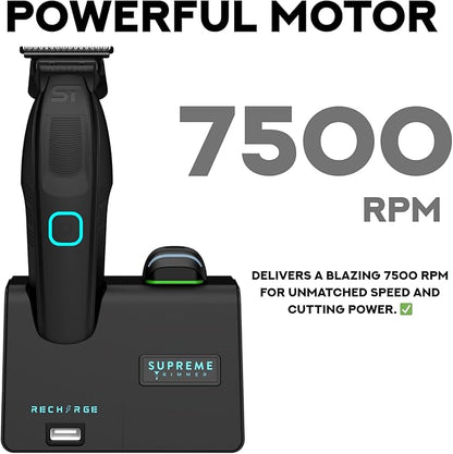 Supreme Trimmer Recharge ST777 – Professional Barber Trimmer with 2 Removable Batteries | 8000 RPM Motor, Zero Gap DLC Blades, Smart Charging Dock, USB-C Fast Charge