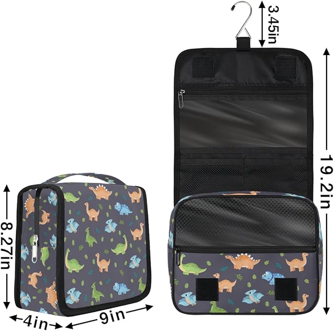 Cute Dinosaur Hanging Travel Toiletry Kit Bag with Hook for Men and Boys, Cartoon Dino Makeup Case Waterproof Cosmetic Bag Storage Bag Organizer for Accessories Toiletries