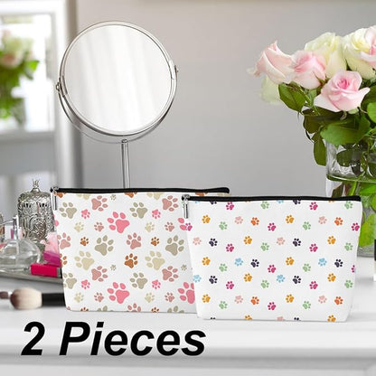 2 Pcs Colorful Dog Footprints Makeup Bag, Large Capacity Travel Makeup Case Cosmetic Bags for Women, Portable Pouch Purse Travel Essentials Toiletries Accessories, Christmas Birthday Gifts for Women