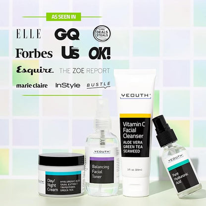 YEOUTH Skin Care Set: Hyaluronic Acid Serum, Vitamin C Cleanser, Toner & Face Cream, Teen Skincare Kit Girls & Boys 4-Piece Beauty Gifts