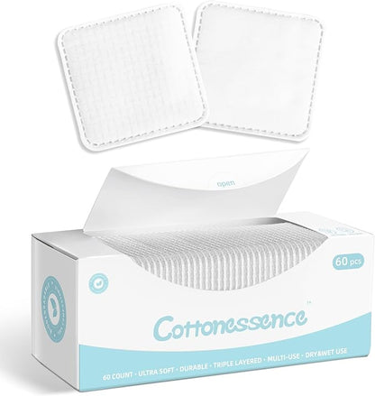 Premium Exfoliating Cotton Pads (60 Count) - 100% Cotton, Extra-Soft and Lint-Free, Durable Squares for Facial, Lip, and Eye Makeup Removal