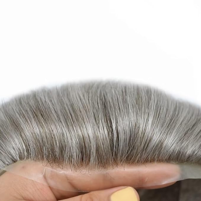 FACE MIRACLE Mens Toupee Lace Front Hairpieces Soft Human Hair Replacement System Natural Hairline Toupee for Men French Lace Poly V-Looped Mens hair Units 7"X9" #1B80 Off Black with 80% Gray