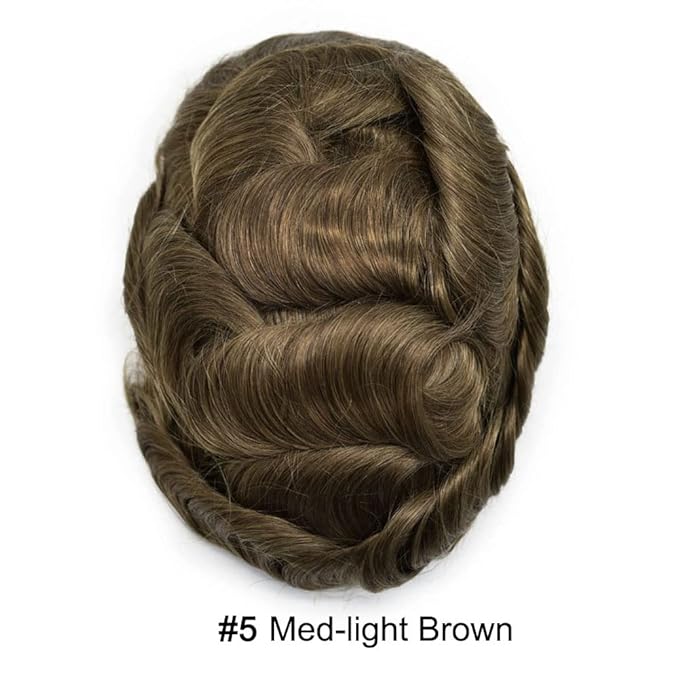 Toupee for Men French Lace Center Human Hair Replacement Systems Transparent Lace Center Hair Piece Mens Toupee Hair Units for Man V-Looped Front Male Hair Prosthesis 7"X9" 5#MEDIUM LIGHT BROWN