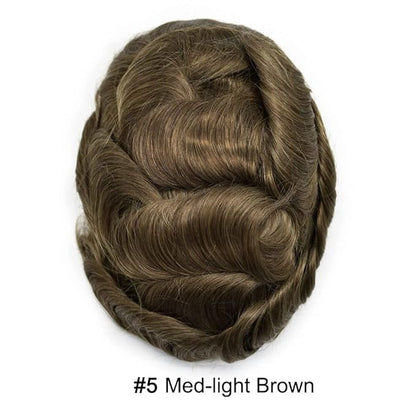 Toupee for Men French Lace Center Human Hair Replacement Systems Transparent Lace Center Hair Piece Mens Toupee Hair Units for Man V-Looped Front Male Hair Prosthesis 7"X9" 5#MEDIUM LIGHT BROWN