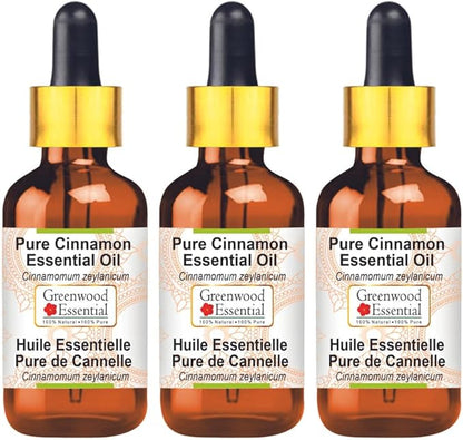 Greenwood Essential Pure Cinnamon Essential Oil (Cinnamomum zeylanicum) with Glass Dropper Steam Distilled (Pack of Three) 100ml X 3 (10.1oz)