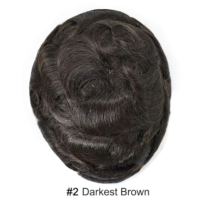 Mens Toupee Human Hair Piece French Lace Toupee for Man Hair System Indian Human Hair Replacement Systems V-Looped PU Front Hairpieces 8"X10" 2# DARKEST BROWN