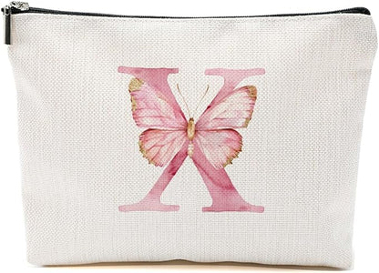 Initial Makeup Bag Pink Butterfly X Personalized Cosmetic Bag Monogrammed Gifts for Women Girls Her Bridesmaid Monogram Zipper Pouch for Friendship Mothers Day Birthday Wedding Bridal Shower Gifts