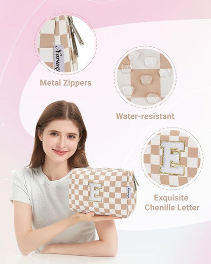 Narwey Birthday Gifts for Women Teen Girls Kids Personalized Initial Checkered Makeup Bag Cute Cosmetic Bag Trendy Stuff 6 8 10 11 12 13 14 16 18 Years Old Travel Toiletry Bag (Brown Letter E)