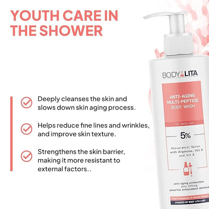 Complete Rejuvenating Shower Routine, Body Renewal Set with Double-Sided Exfoliating Pad, Anti Cellulite Scrub and Multi-Peptide Body Wash, Smooth, Firm, Youthful Skin