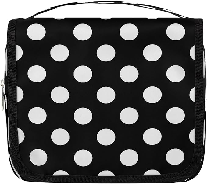 Travel Toiletry Bag for Women & Men White Black Polka Dot Hanging Cosmetic Organizer Portable Waterproof Makeup Case Make Up Bag with Compartments Travel Essentials for Bathroom Shower
