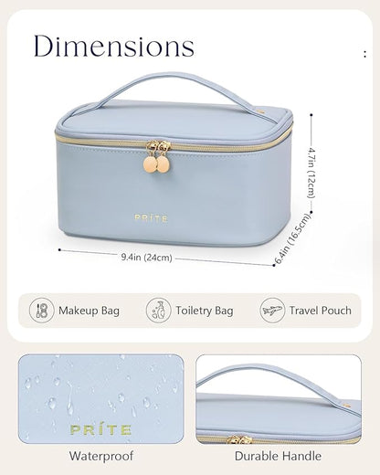 Prite Makeup Bag Portable Cosmetic Organizer with Brush Holder Waterproof Travel Toiletry Bag for Women with Handle and Divider (Blue)