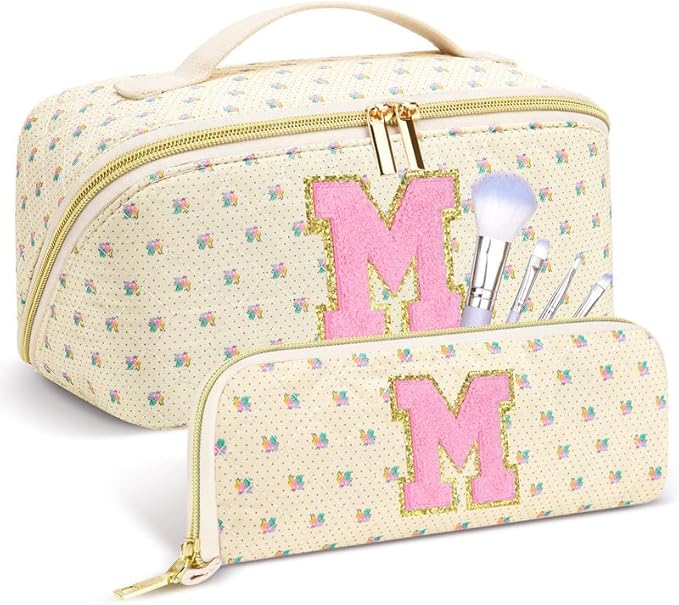 Personalized Travel Makeup Bag Set,Initial Travel Cute Floral Makeup Organizer Bag,Toiletry Skincare Cosmetic Bag,Christmas Gifts for Women/Girls,Open Flat Toiletry Pouch with Brush Pocket-M