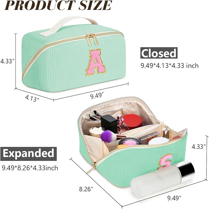 Personalized Initial Makeup Bag,Christmas Gifts for Girl,Preppy Bag Cosmetic Travel Bag Women,Travel Toiletry Organizer,Large Capacity Corduroy Stuff Bag,Cute Cosmetic Pouch Skincare Bag-U