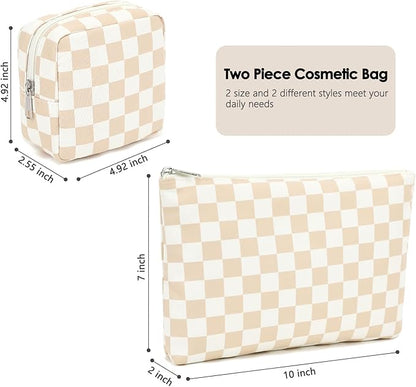 Checkered Makeup Bag, Travel Cosmetic Bag Organizer Toiletry Bag Make Up Bags with Zipper & Compartments for Women Girls, 2PCS