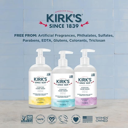 Kirk's Hydrating Hand Wash - Made with Coconut Oil and Aloe Vera, With Odor Neutralizing Technology To Help Eliminate Odors, Non-GMO, Vegan, Lemon & Eucalyptus, 12 Fl Oz. 4 pack