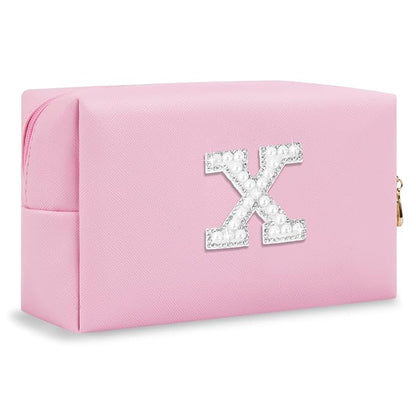 ChaoGreat Bride Gifts – Personalized Initial Makeup Bag with Pearl Rhinestone Patch, Preppy Pink Monogram Cosmetic/Toiletry Pouch, bridesmaid Gifts, Bridal Shower Gifts, Wedding Gifts, Bridal Gifts,X