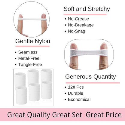 LuSeren 120 Pcs No Damage Hair Ties for Thick Hair, Large Soft Seamless Nylon Hair Elastics for Women, Ponytail Holders Accessories –White