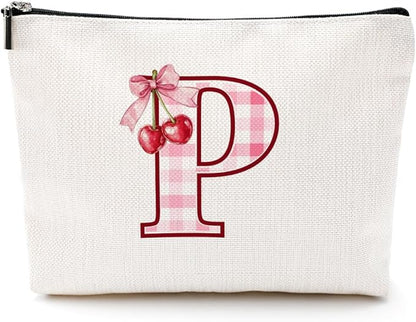 Initial Makeup Bag Monogram Cosmetic Bag Monogrammed Gifts for Women Girls Friends Coworker Mom Personalized Travel Toiletry Bag Christmas Bridal Shower Wedding Bridesmaid Gifts, Cherry P