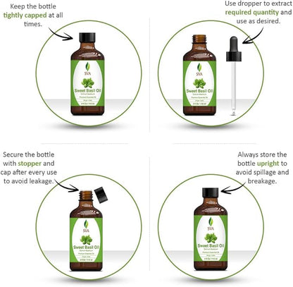 SVA Sweet Basil Essential Oil – 4 Fl Oz – 100% Natural Basil Oil - for Diffuser, Hair Care, Face, Skin Care, Aromatherapy, Scalp and Body Massage, Soap and Candle Making – with Dropper