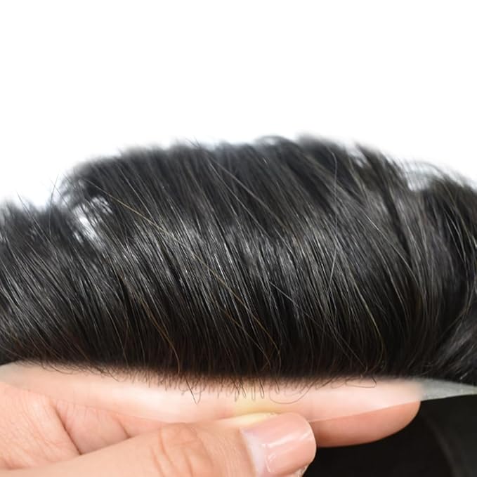 FACE MIRACLE Mens Toupee Lace Front Hairpieces Soft Human Hair Replacement System Toupee for Men French Lace Poly V-Looped Mens hair Units 6"X8" #1B10 1B# OFF BLACK WITH 10% SYNTHETIC GREY