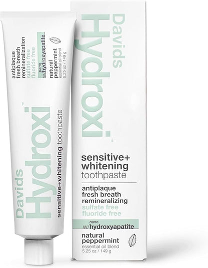 Davids Hydroxi Fluoride Free Nano Hydroxyapatite Toothpaste for Remineralizing Enamel & Sensitive Relief, Whitening, Antiplaque, SLS Free, Natural Peppermint, 5.25oz, Made in USA