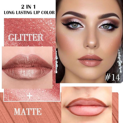 Kaely 2-in-1 Bronze Gold Metallic Lipstick and Lip Liner, Shimmer Liquid Metallic Lipsticks for Women, Glitter Lip Gloss Stain Long Lasting Waterproof Smudge Proof 24 Hour, Vegan Makeup, 14