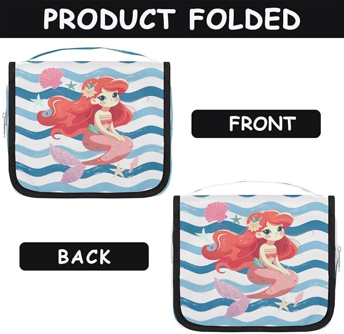 Cute Mermaid Travel Toiletry Bag with Hanging Hook for Women and Girls, Ocean Sea Starfish Cosmetic Makeup Case Organizer for Accessories, Shampoo, Full Sized Container, Toiletries