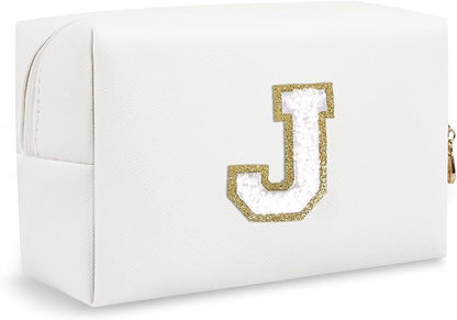 Personalized Preppy Small Travel Makeup Bag, Initial Chenille Letter White Makeup Bag Cosmetic Pouch Toiletry Organizer, Portable Waterproof Makeup Storage Cute Preppy Stuff for Mom Girl(Letter J)