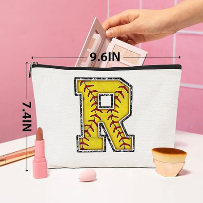 Initial Makeup Bag Monogrammed Cosmetic Bag Yellow Letter R Zipper Pouch Softball Accessories for Girls Women Player Coach Friend Graduation Birthday Gifts