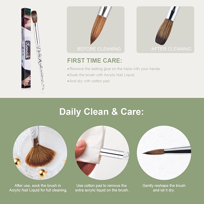 Acrylic Nail Brush Size 10,KEMEISI 100% Pure Kolinsky Nail Art Brushes Sturdy Marble Handle Oval Shaped Acrylic Powder Nail Design Tools for Professional Manicure DIY Home Salon (White)