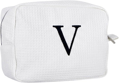 Personalized White Waffle Makeup Bag,Custom Embroidered Initial Cosmetic Pouch for Women,Monogrammed Cosmetic Case,Bridesmaid Gifts (V)