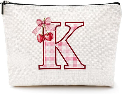 Initial Makeup Bag Monogram Cosmetic Bag Monogrammed Gifts for Women Girls Friends Coworker Bestie Personalized Travel Toiletry Bag Christmas Bridal Shower Wedding Bridesmaid Gifts, Cherry K