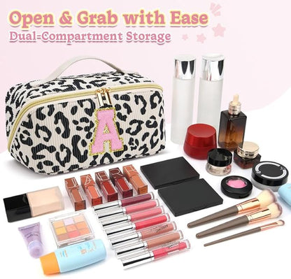 Personalized Travel Makeup Bag Set,Initial Travel Cute Leopard Makeup Organizer Bag,Toiletry Skincare Cosmetic Bag,Christmas Gifts for Women/Girls,Open Flat Toiletry Pouch with Brush Pocket-O