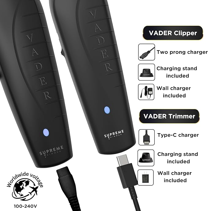 Supreme Trimmer 2-in-1 Vader Clipper & Trimmer Kit | Cordless Beard Trimmer & Mens Clippers Set for Barbers or Home | with DLC Coated Blades | Black