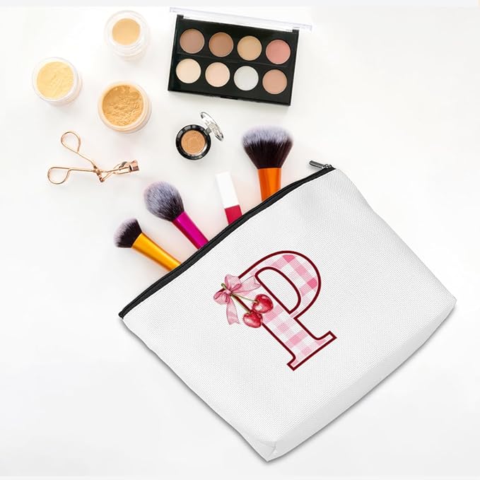 Initial Makeup Bag Monogram Cosmetic Bag Monogrammed Gifts for Women Girls Friends Coworker Mom Personalized Travel Toiletry Bag Christmas Bridal Shower Wedding Bridesmaid Gifts, Cherry P
